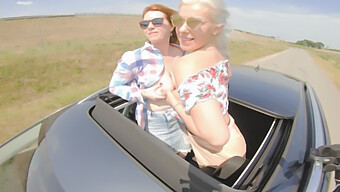 Blonde And Brunette Hitchhikers Enjoy A Wild Car Ride With Four Men In Pov