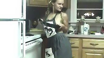 Brunette Teen Fucks Herself With Kitchen Utensils And Apron On